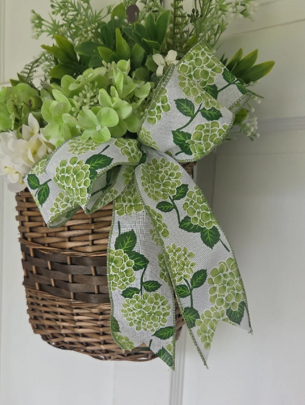 Green Hydrangea Floral Wreath Door Basket Decorative Bow Year Round Door Wreath